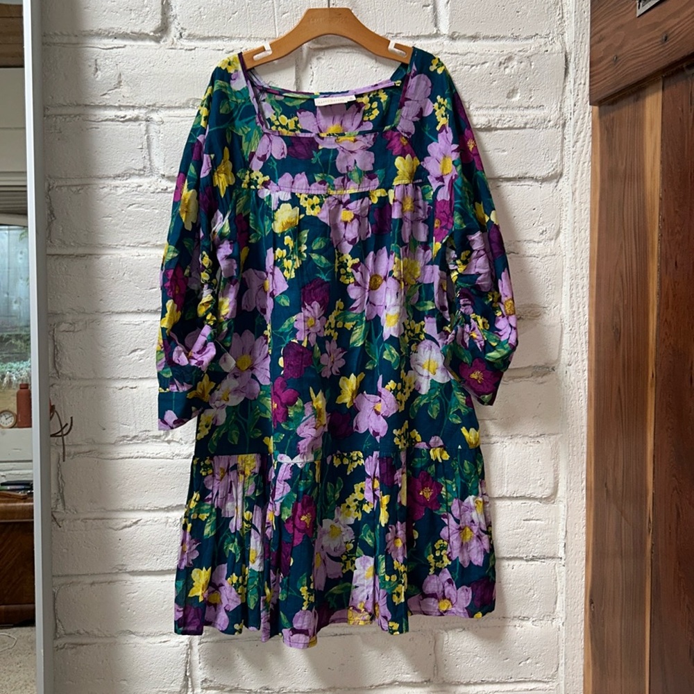HAPPY X NATURE - teal, purple, yellow floral long sleeve dress size M